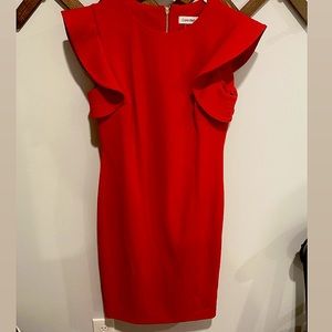 Calvin Klein Red Ruffle Shoulder Sheath Dress